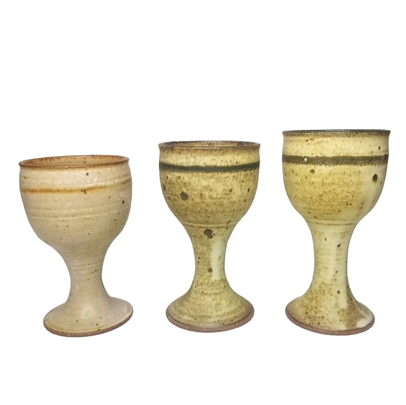 Stoneware Wine Goblets Set of 3 Speckled Natural Tones 8oz - Picture 1 of 9
